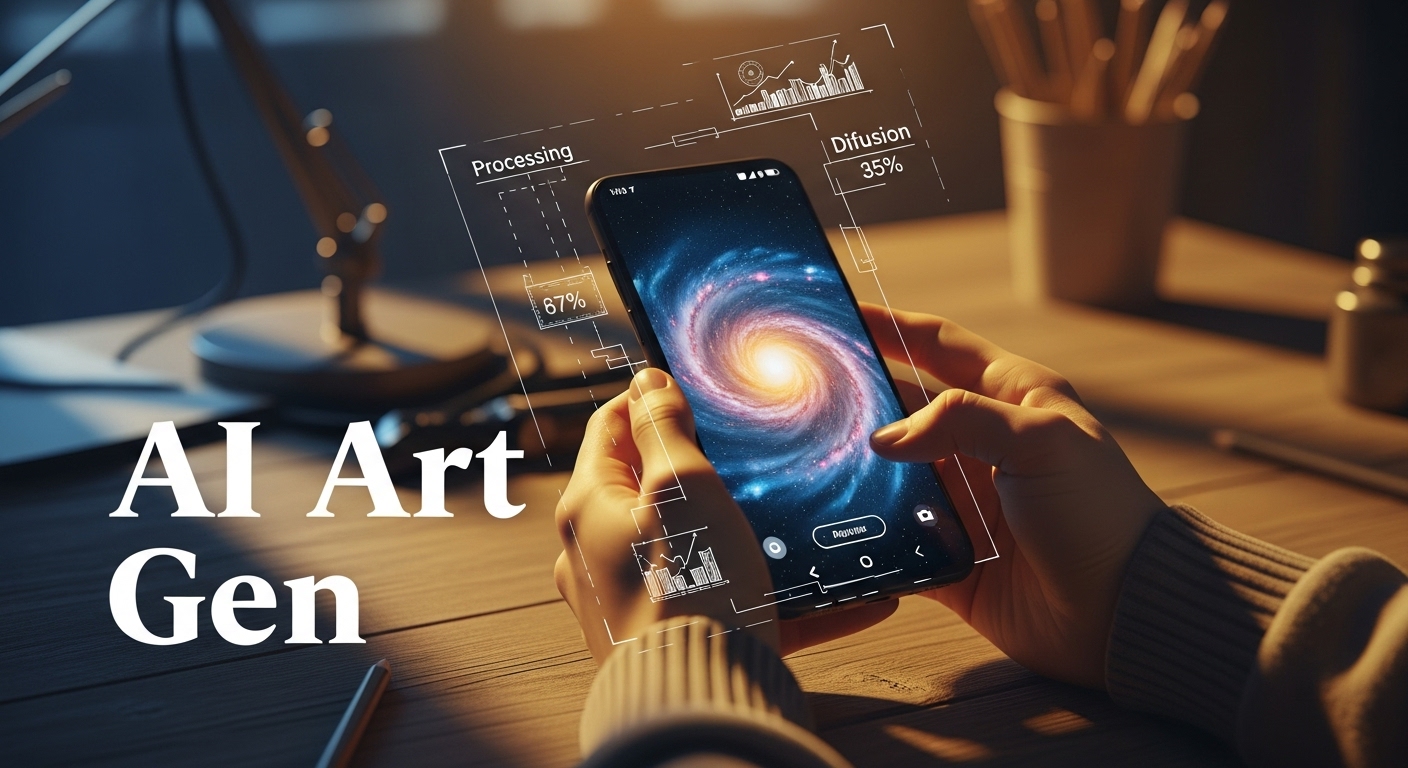 A person using an Android phone to generate AI art in a warm, sunlit studio with vintage schematic overlays.