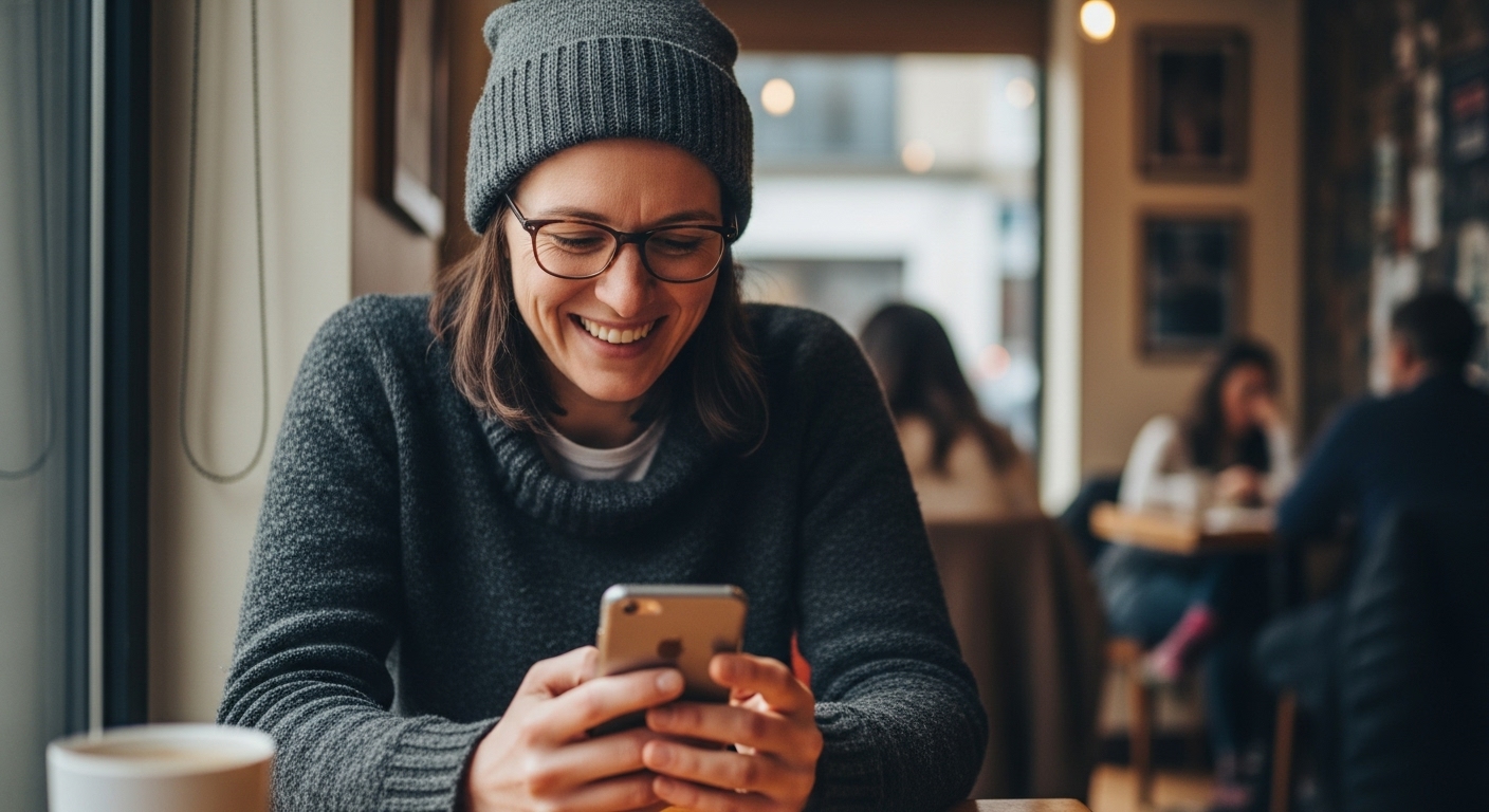 A person using an Android phone to generate AI art in a warm, sunlit studio with vintage schematic overlays.
