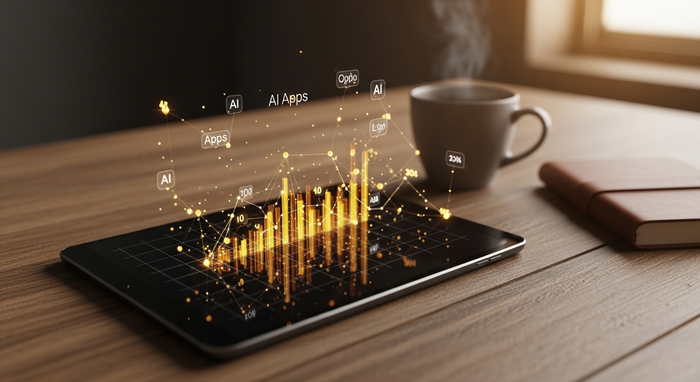 A person using an Android phone to generate AI art in a warm, sunlit studio with vintage schematic overlays.