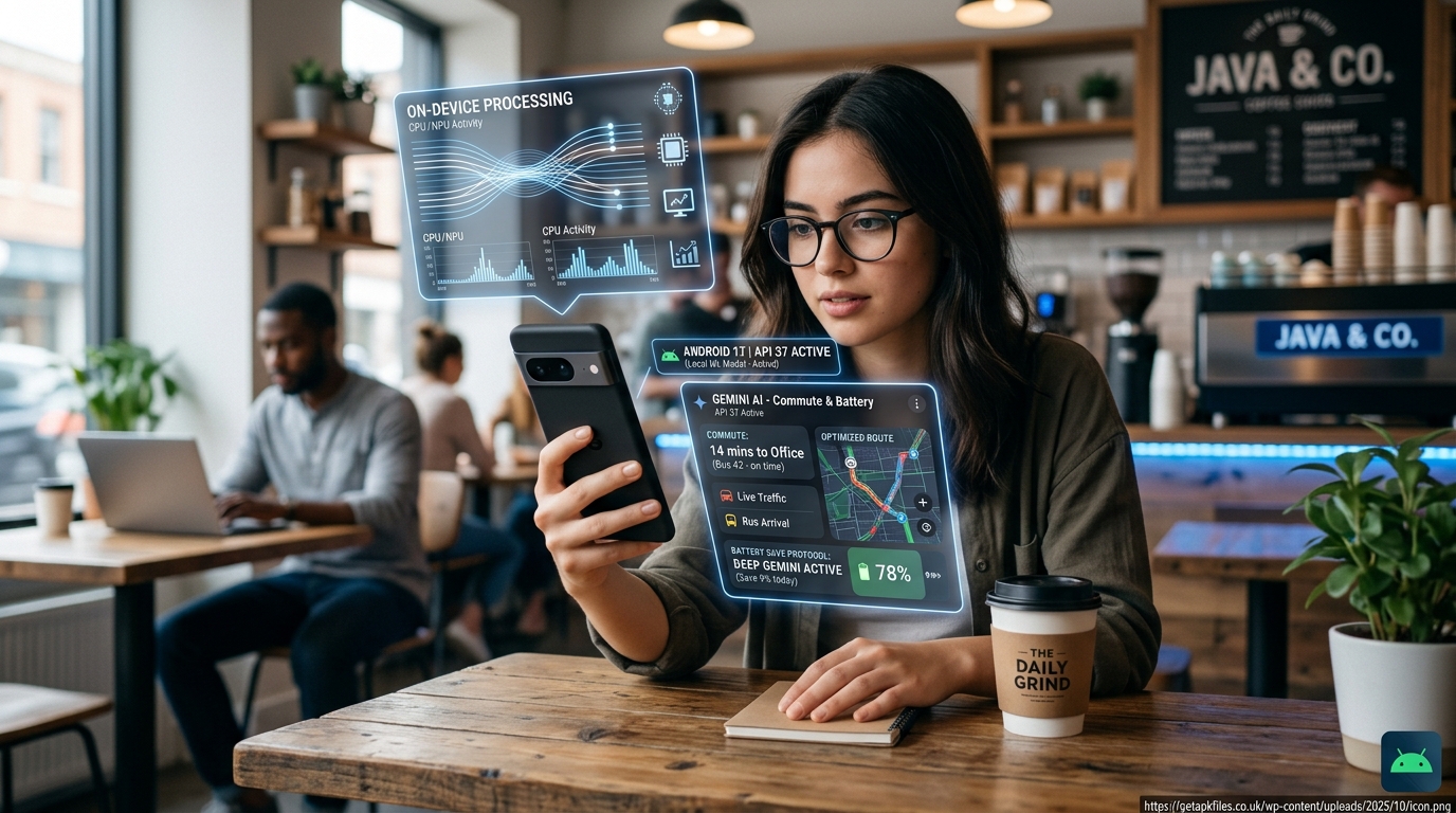 Photo-realistic image showing Android 17 using on-device Gemini AI to optimize notifications and battery
