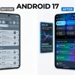 Hyperrealistic image showing before and after of the Android 17 UI overhaul featuring the split Quick Settings shade