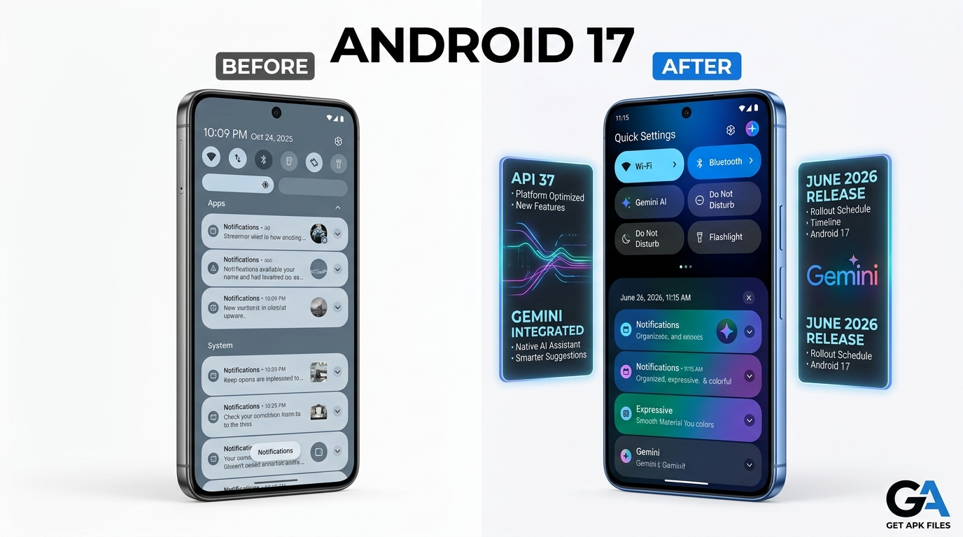 Hyperrealistic image showing before and after of the Android 17 UI overhaul featuring the split Quick Settings shade