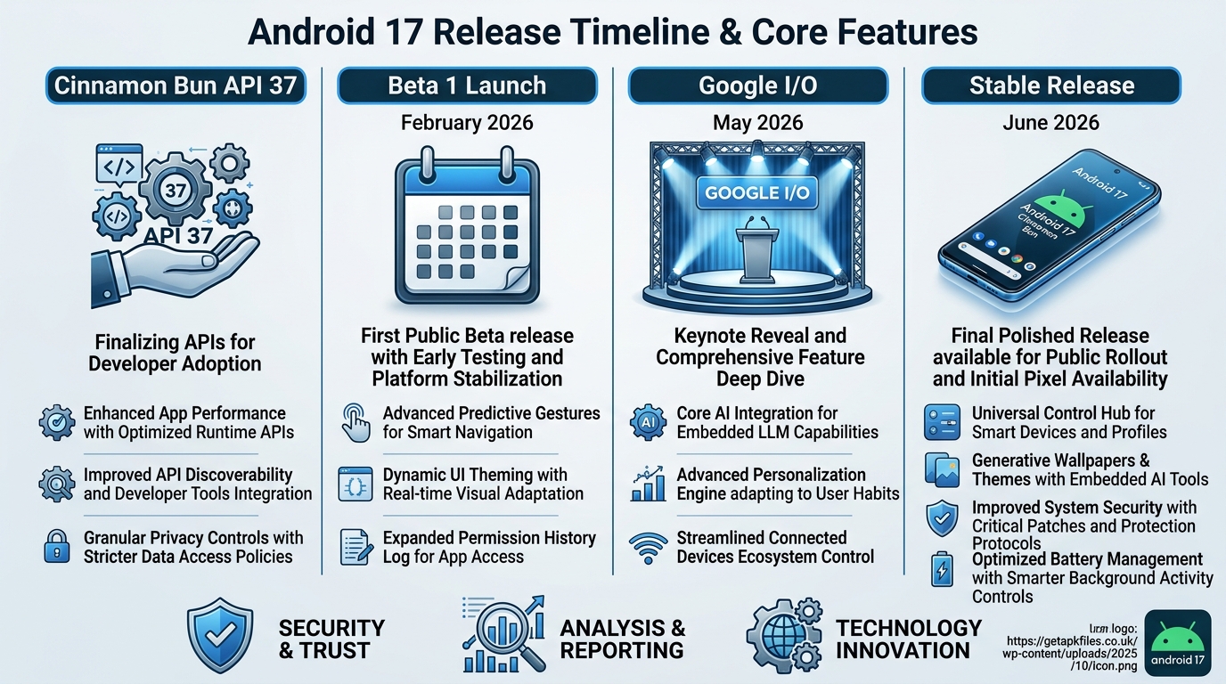 Infographic showing the 2026 release timeline for Android 17 from beta previews to stable launch