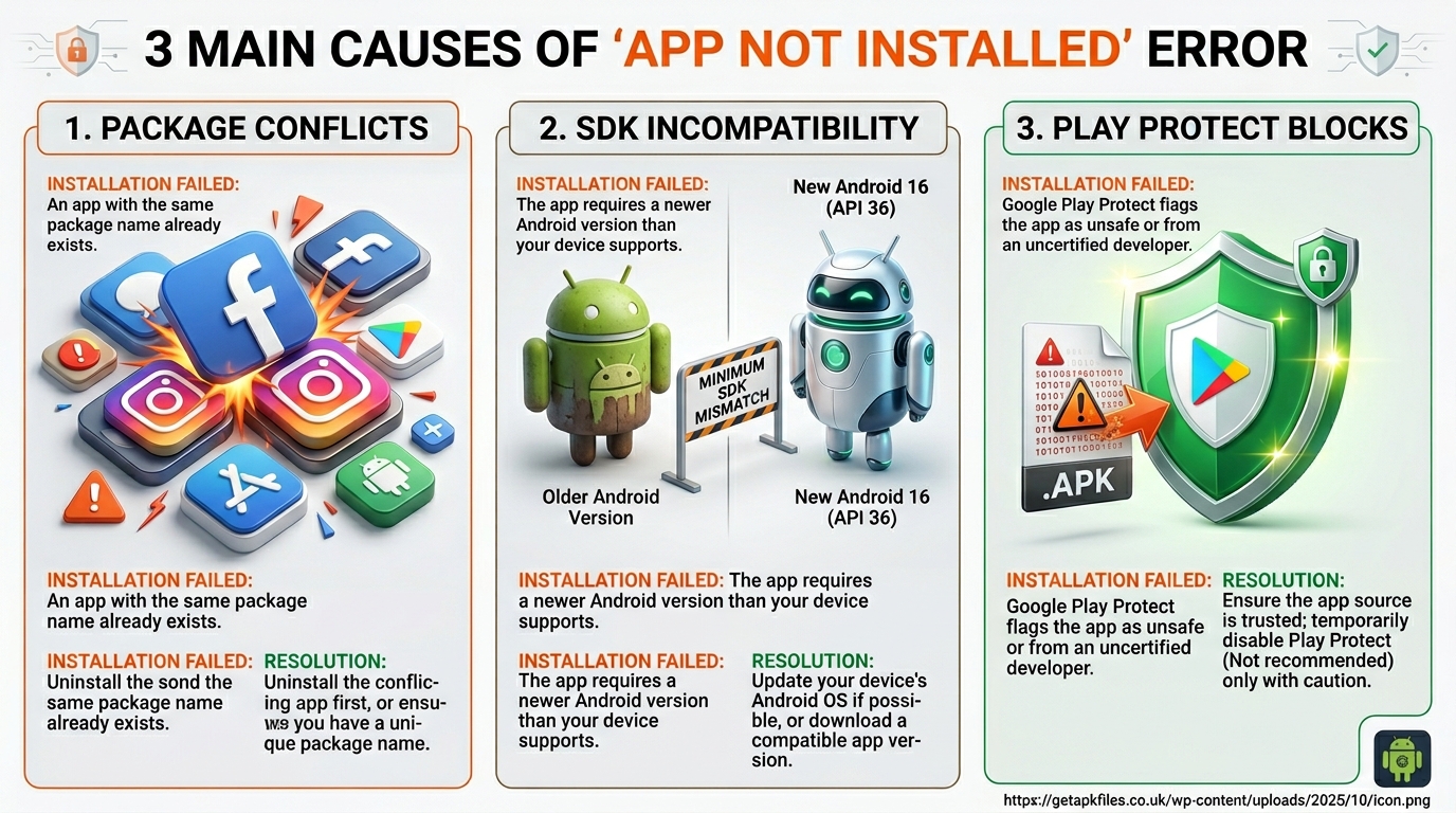 Infographic detailing the 3 main reasons for App Not Installed: Package Conflicts, SDK Incompatibility, and Play Protect