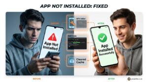 Hyperrealistic image showing before and after fixing the App Not Installed error on Android