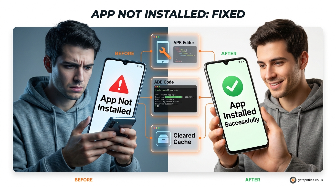Hyperrealistic image showing before and after fixing the App Not Installed error on Android