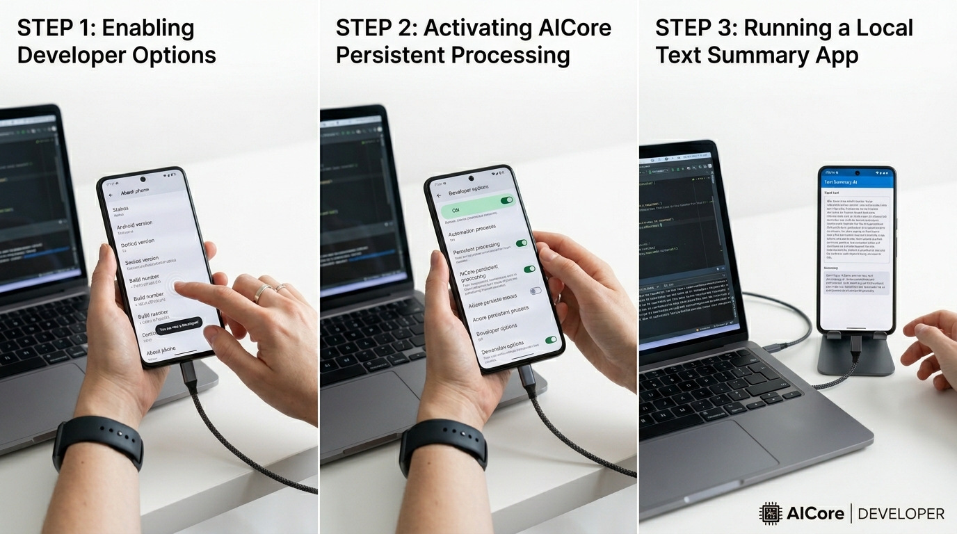 Photo-realistic image showing the step-by-step process of enabling Android AICore for Gemini Nano