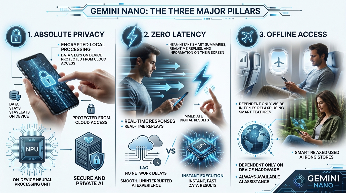 Infographic showing 3 major themes of Gemini Nano with data points regarding privacy and speed
