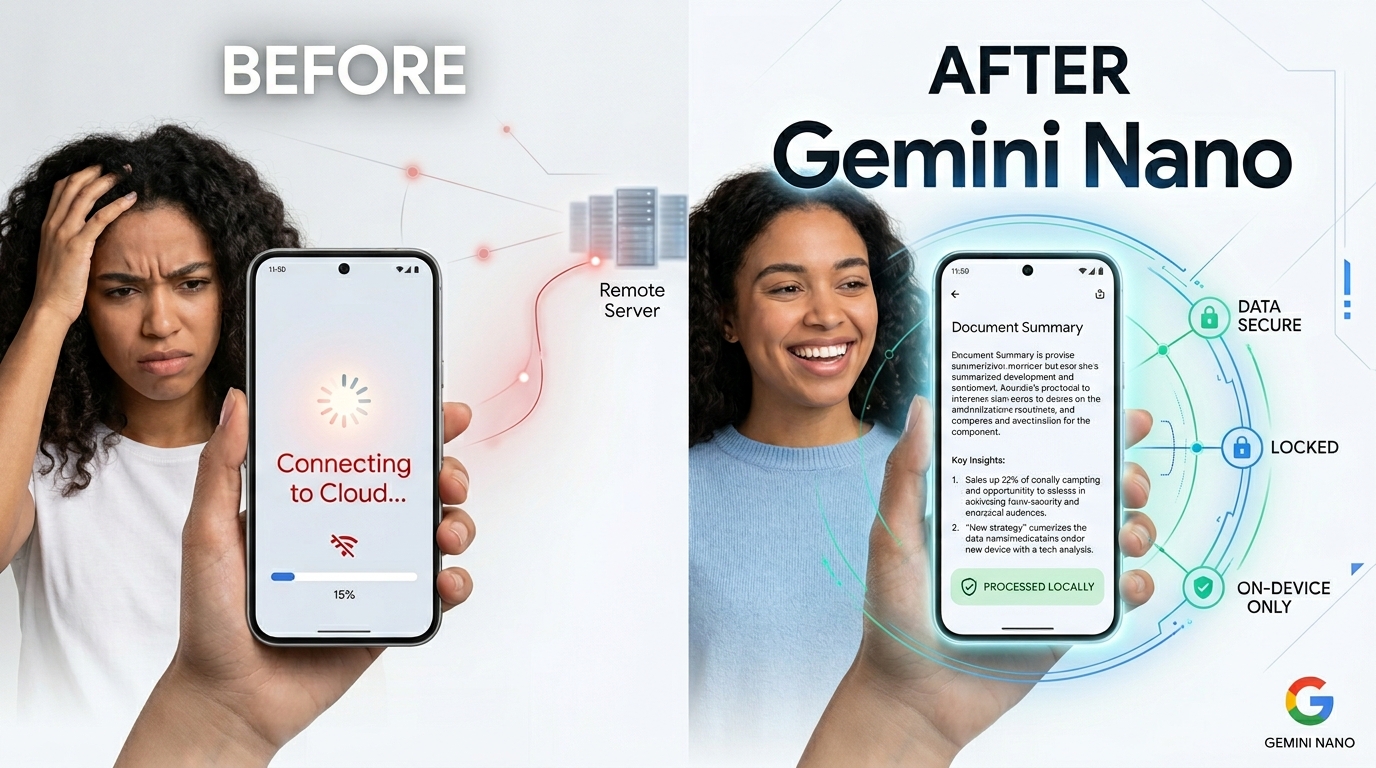 Hyperrealistic image showing before and after of slow cloud AI versus instant local Gemini Nano AI