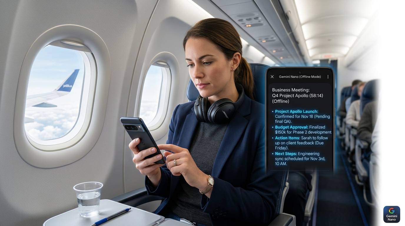 Photo-realistic image showing offline meeting summarization using Gemini Nano on an airplane