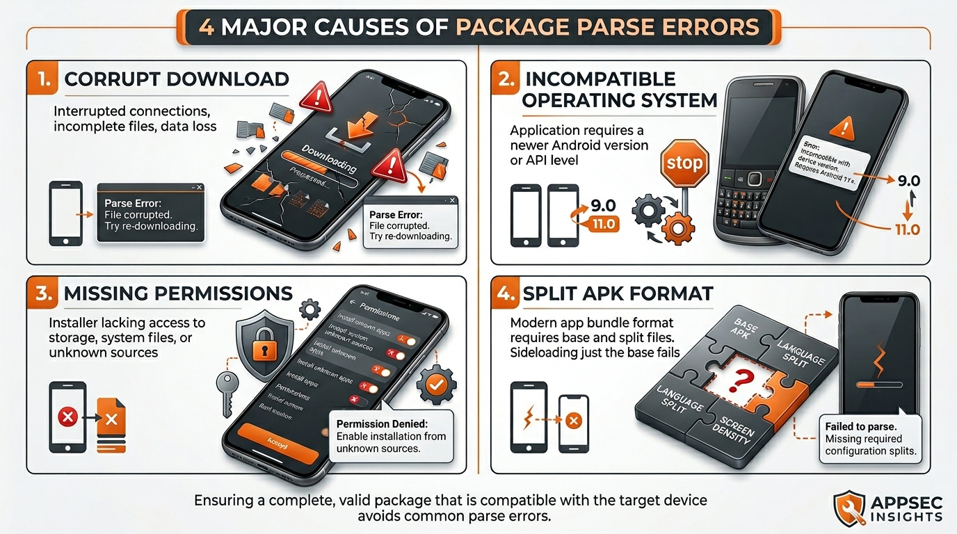 Infographic showing the major causes of problem parsing the package error with data points