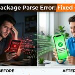 Hyperrealistic image showing before and after of fixing the problem parsing the package APK error