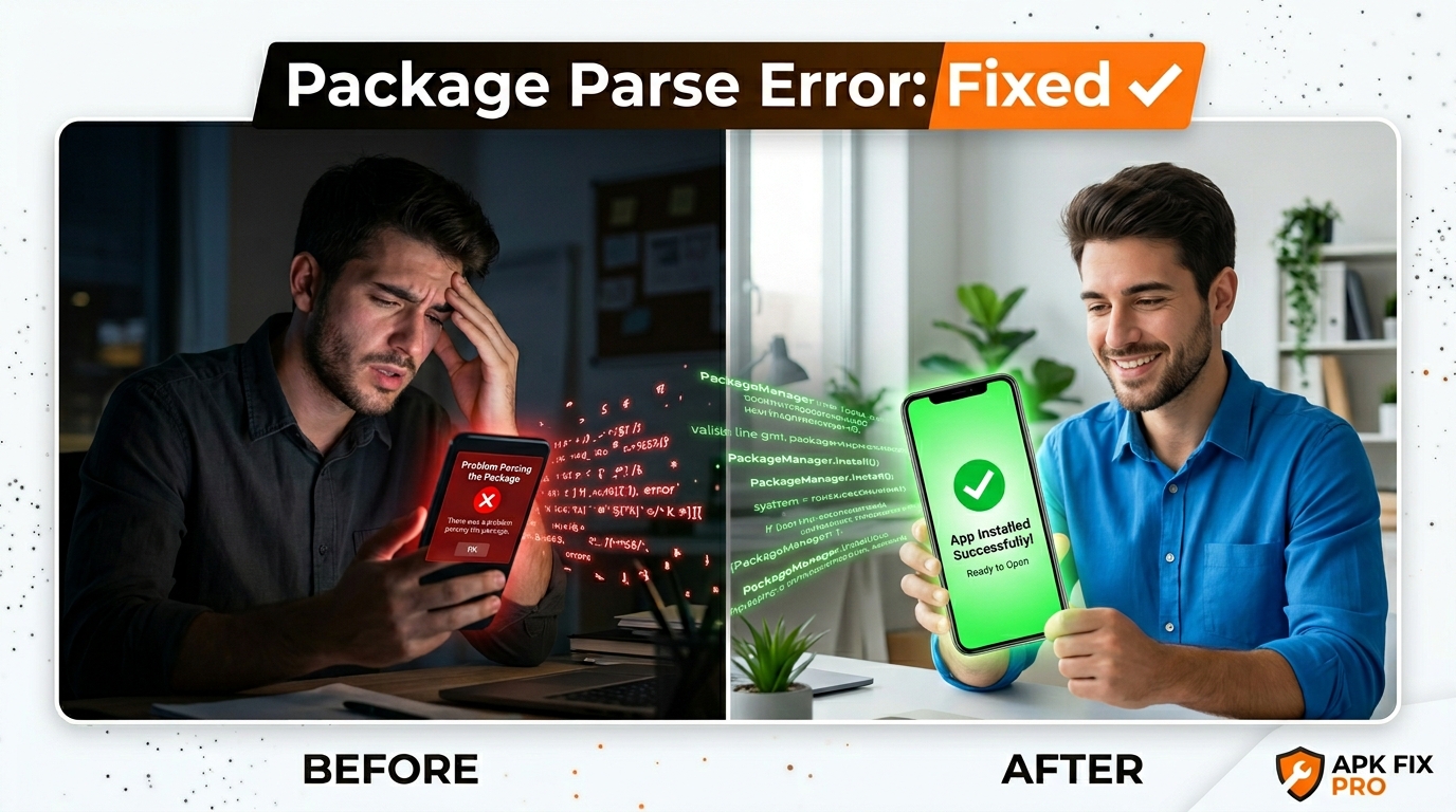 Hyperrealistic image showing before and after of fixing the problem parsing the package APK error