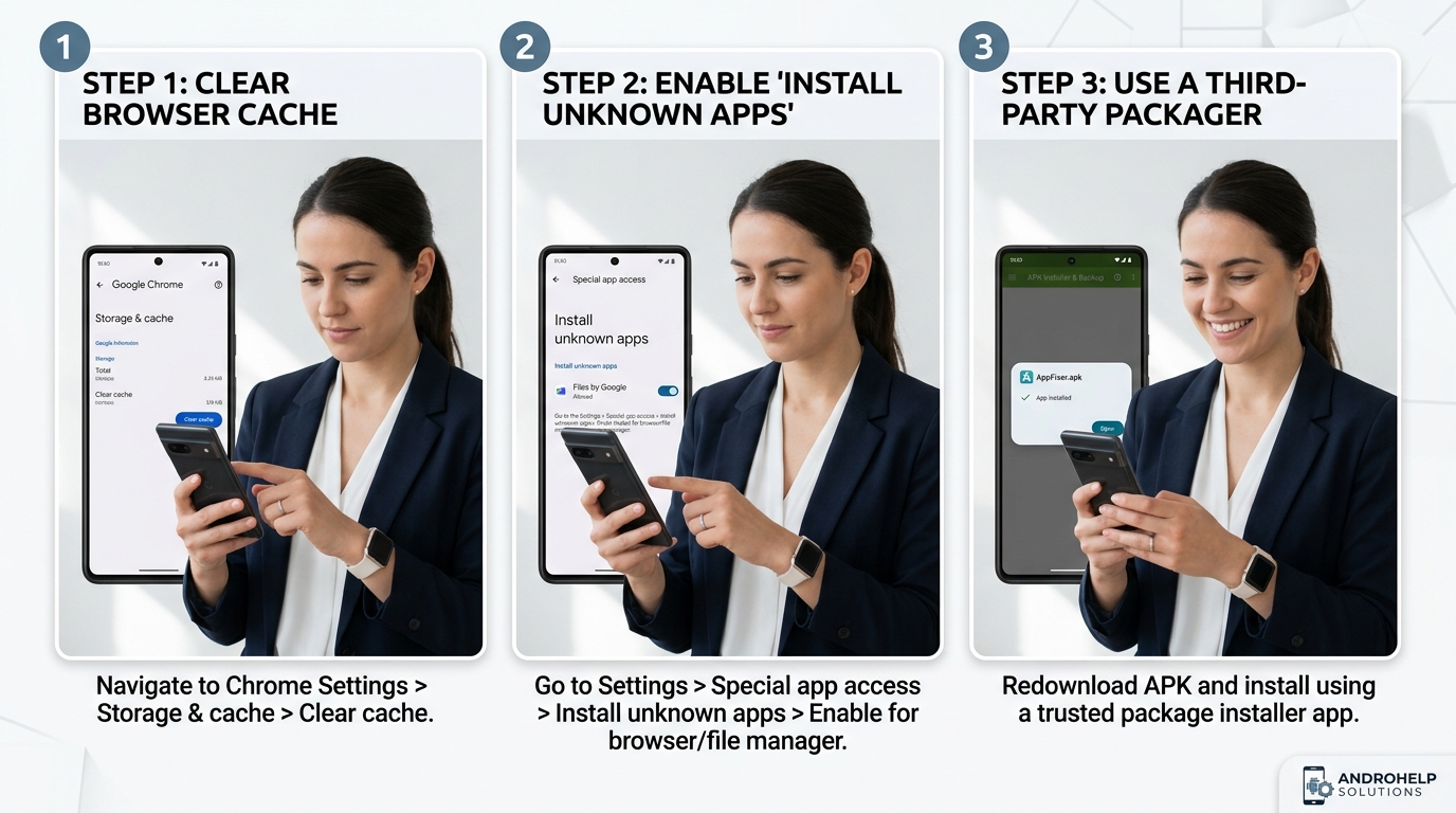 Photo-realistic image showing the step-by-step process of fixing package parse errors