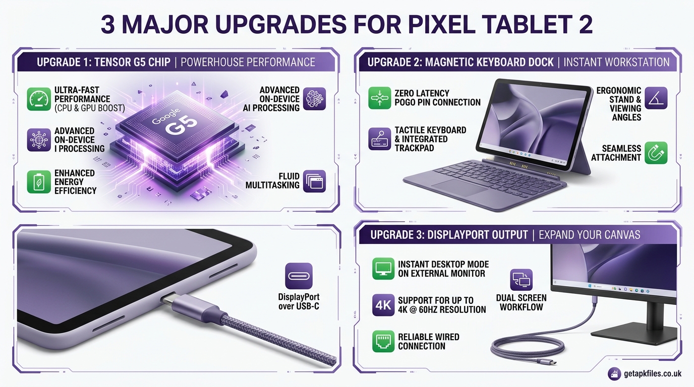 Infographic showing the 3 major themes of the Pixel Tablet 2: Tensor G5, Keyboard Dock, and DisplayPort