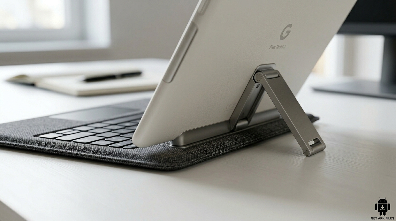 Photo-realistic macro image showing the Pixel Tablet 2 attaching to the new magnetic pogo-pin keyboard cover