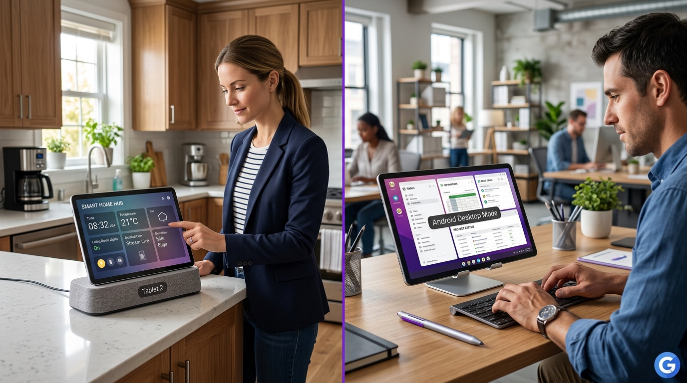Photo-realistic image showing the Pixel Tablet 2 transitioning from a kitchen smart hub to an office productivity device
