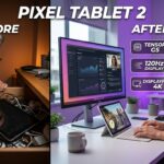 Hyperrealistic image showing the Pixel Tablet 2 solving productivity issues with its new keyboard dock and 4K output