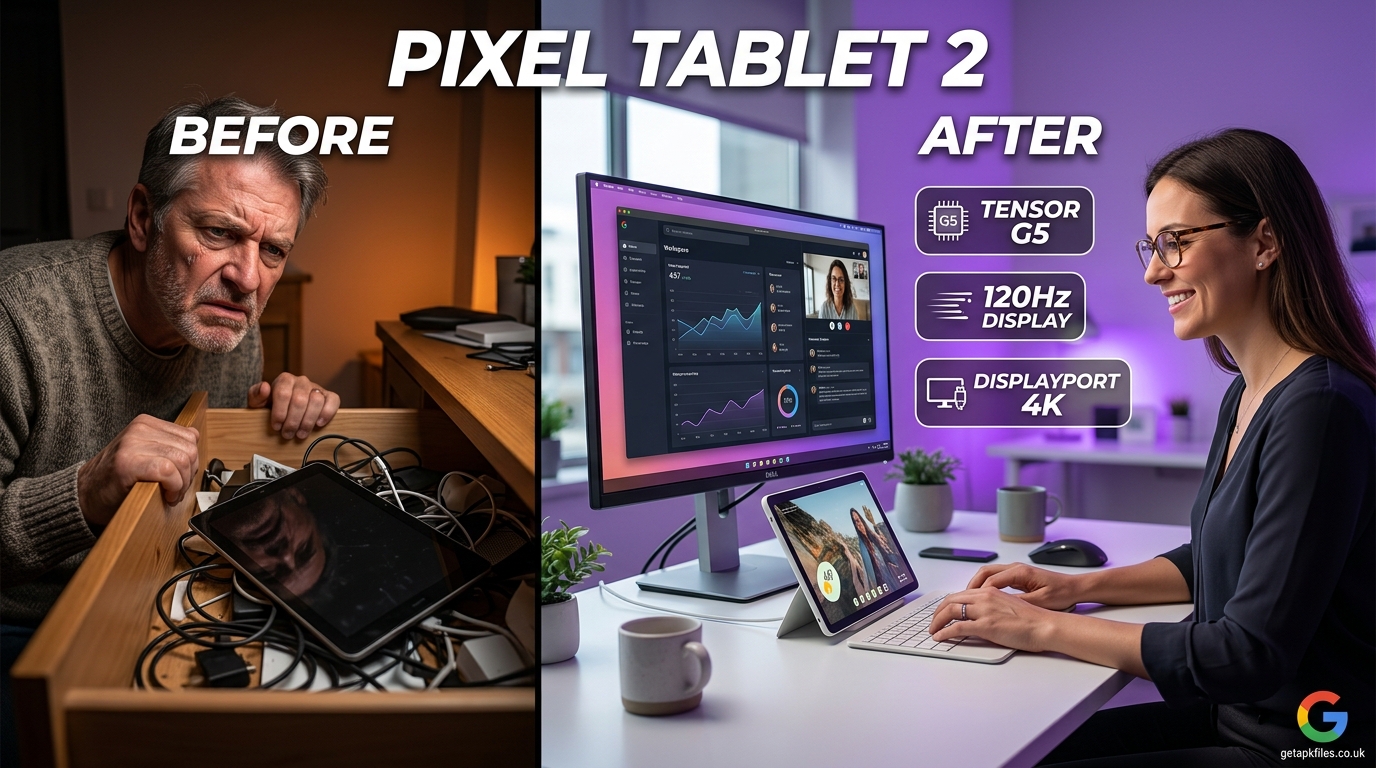 Hyperrealistic image showing the Pixel Tablet 2 solving productivity issues with its new keyboard dock and 4K output