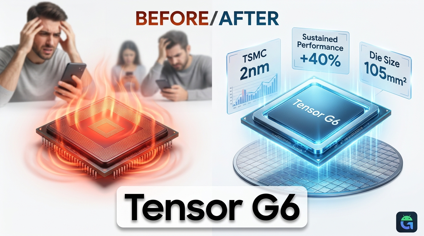 Hyperrealistic comparison showing the thermal efficiency of the Google Tensor G6 chip