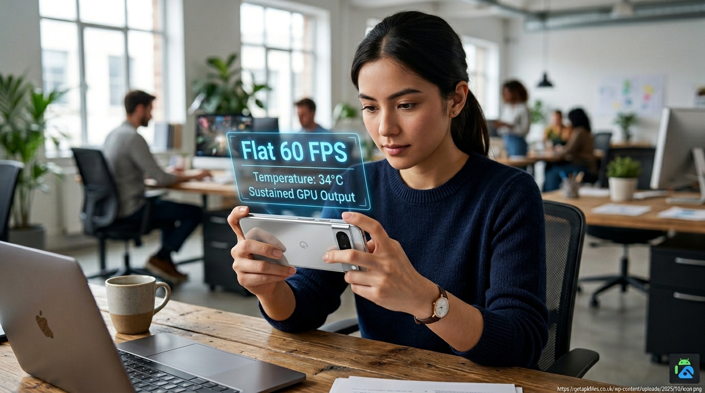 Photo-realistic image showing sustained gaming performance on the Tensor G6 chip without overheating