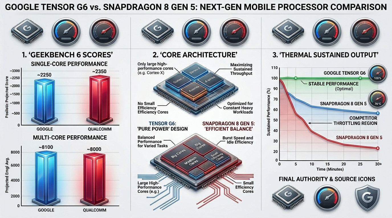 Infographic comparing benchmark scores and CPU core architecture of Tensor G6 and Snapdragon