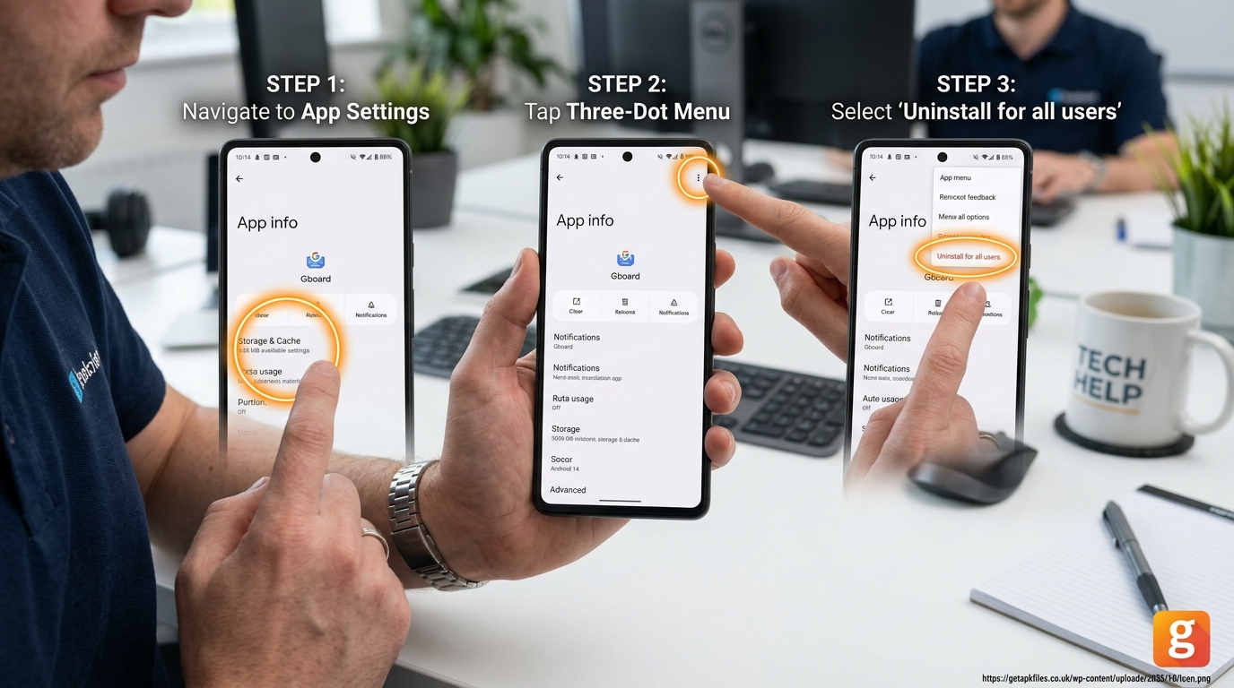 Step-by-step photo-realistic guide showing how to click 'Uninstall for all users' to fix package conflicts