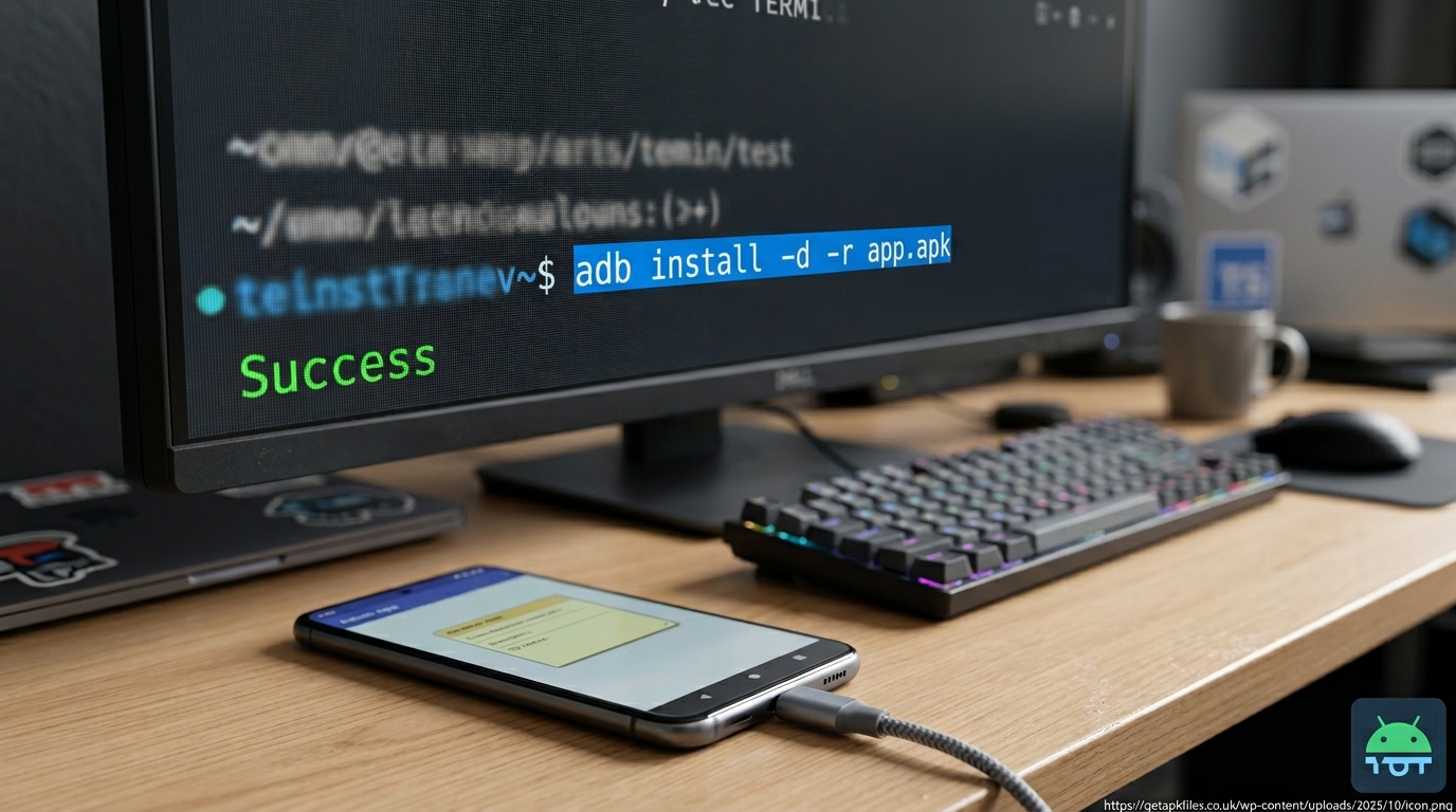 Photo-realistic image showing the ADB terminal command adb install -d -r to downgrade an app