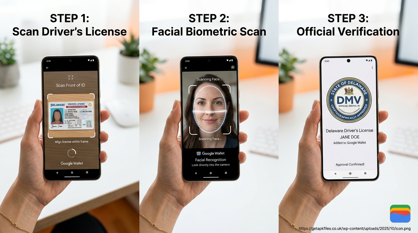 Step-by-step visual guide on how to securely scan and add a digital state ID to Google Wallet