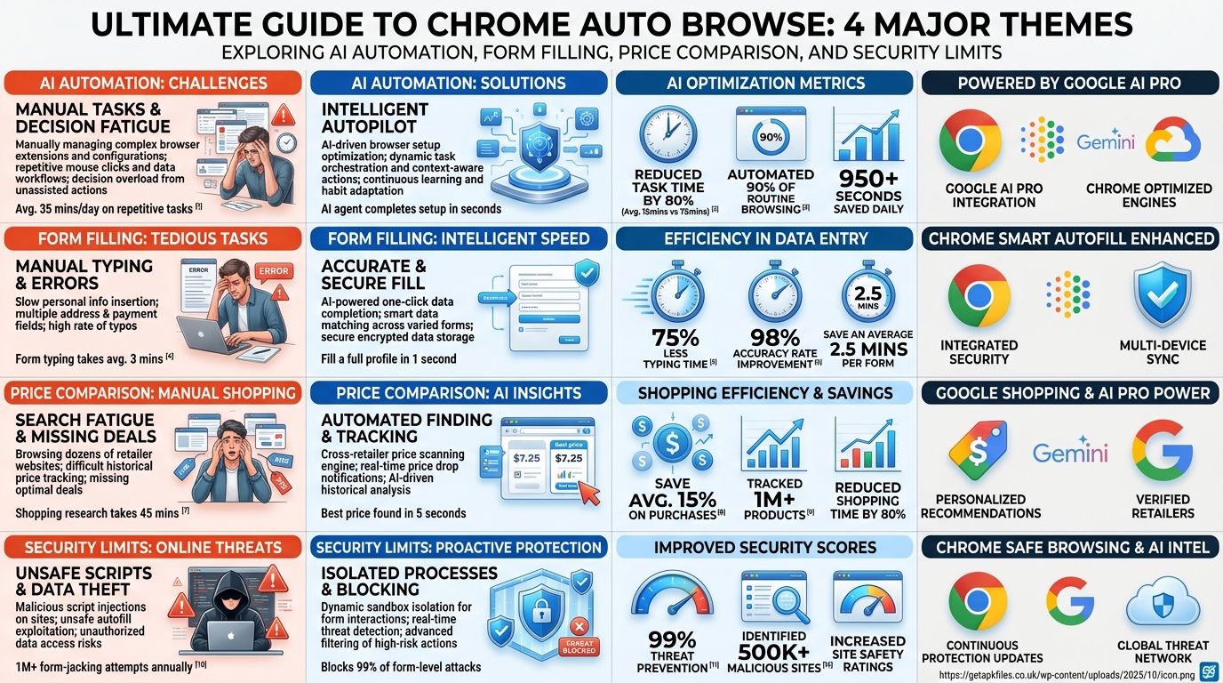 Infographic showing the 4 major capabilities and security features of AI browser automation
