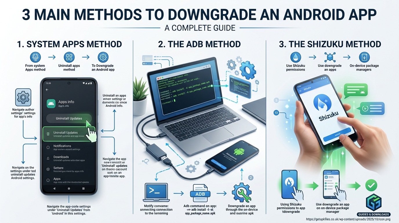 Infographic detailing the three ways to downgrade apps: System Settings, ADB via PC, and Shizuku On-Device