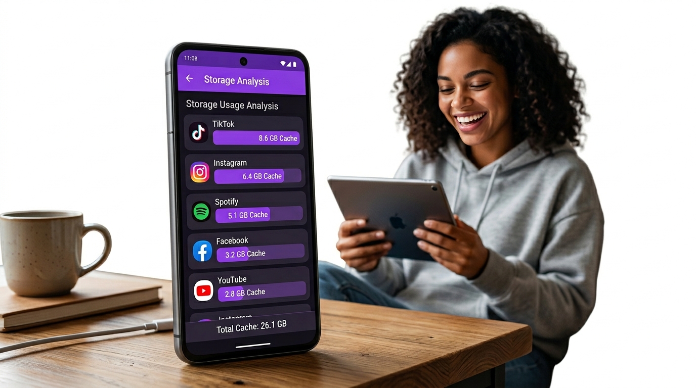 Photo-realistic image showing social media and streaming apps hoarding massive amounts of hidden cache storage