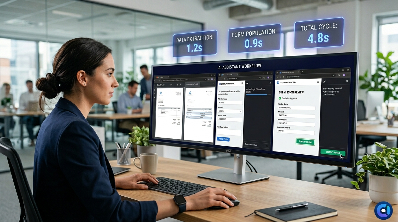 Step-by-step process of an AI browser agent extracting PDF data and filling web forms