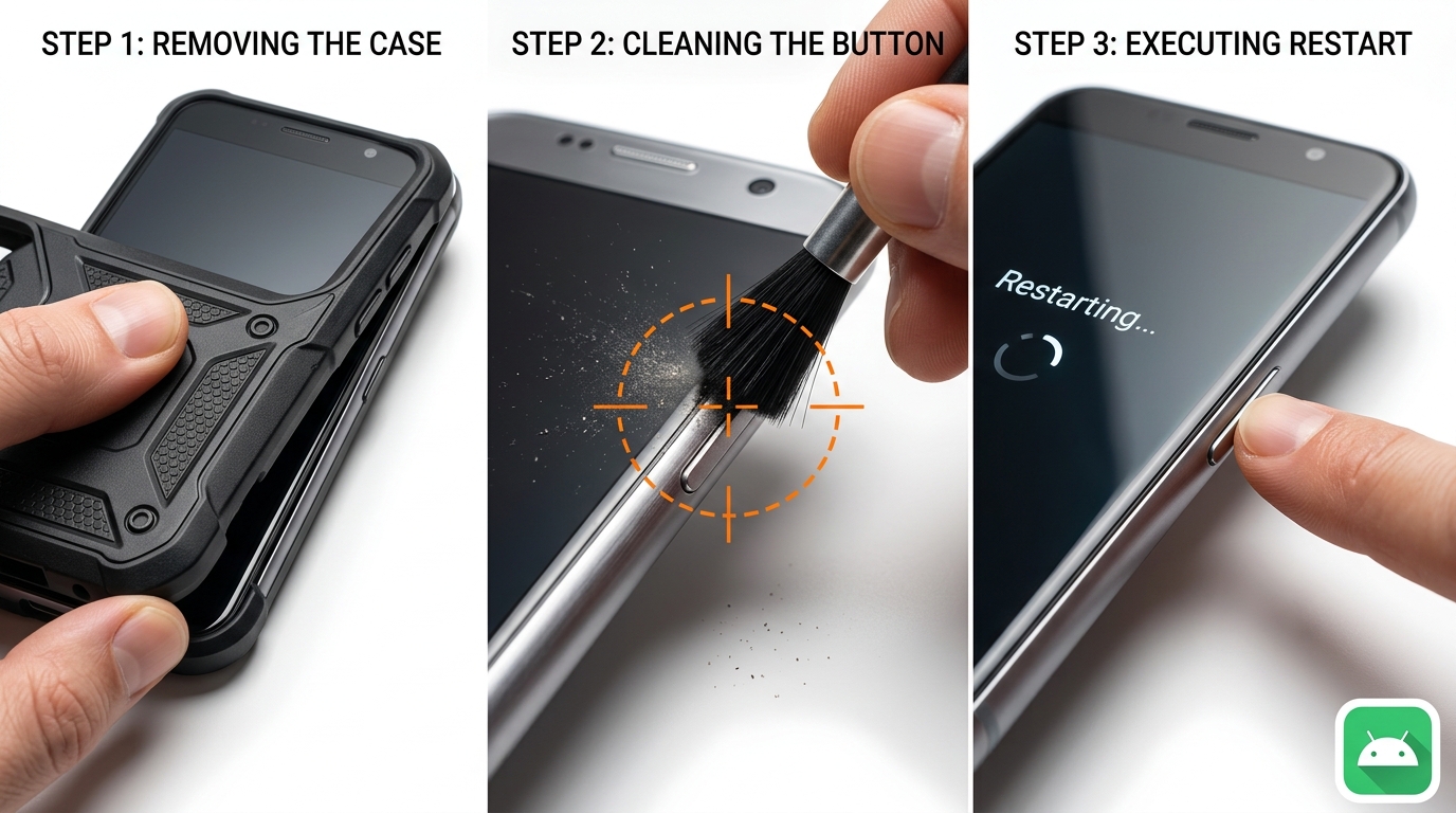 Photo-realistic step-by-step guide showing how to clean a jammed volume button to exit Safe Mode