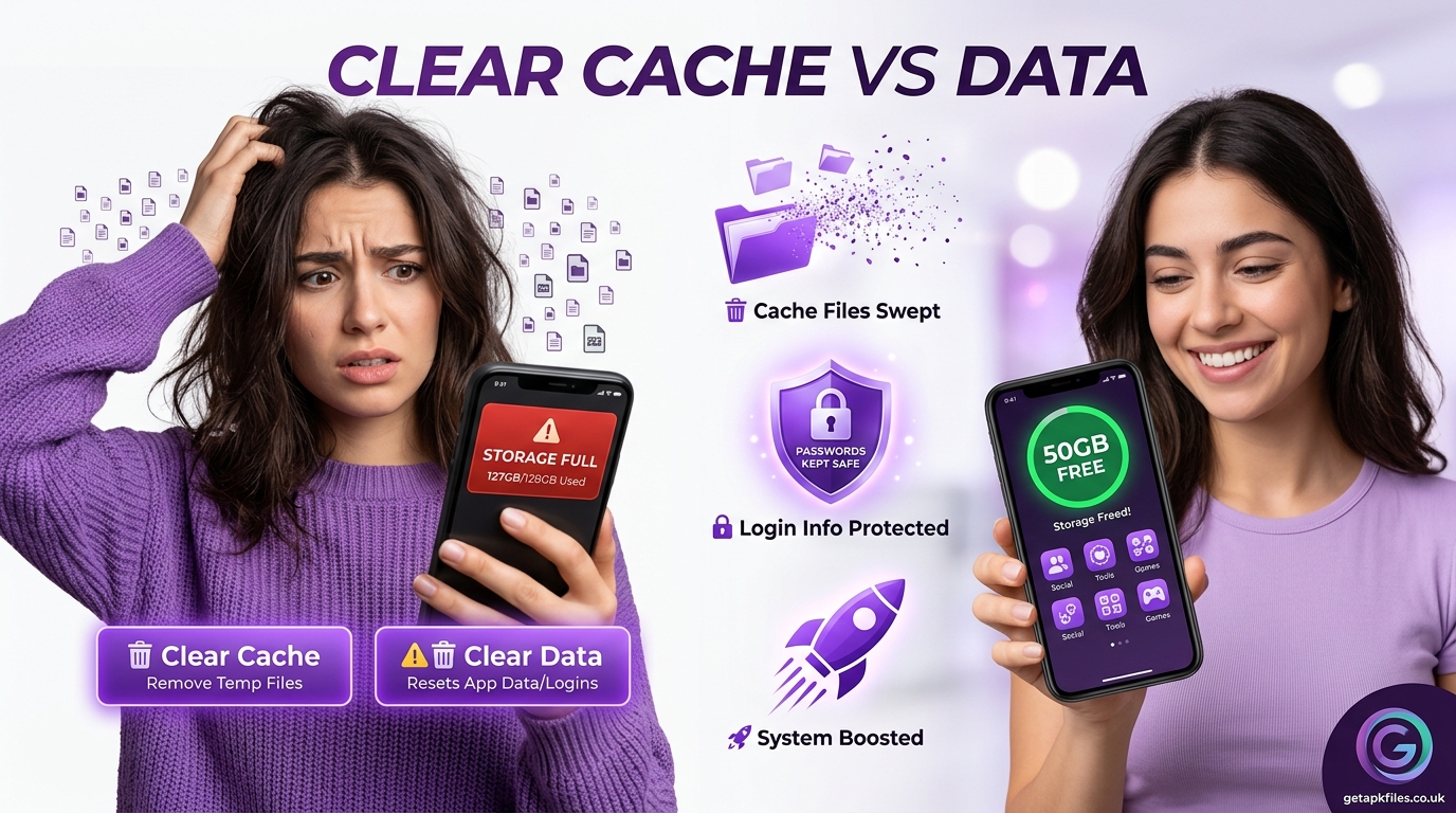 Hyperrealistic image showing the relief of safely clearing phone storage without losing data