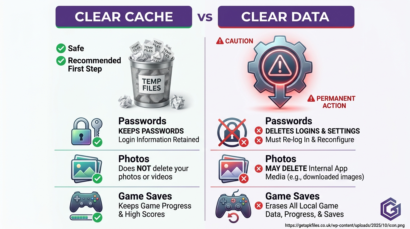 Side-by-side infographic comparing the safe Clear Cache button versus the destructive Clear Data button