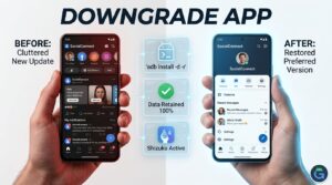 Hyperrealistic image showing before and after downgrading an Android app while retaining user data