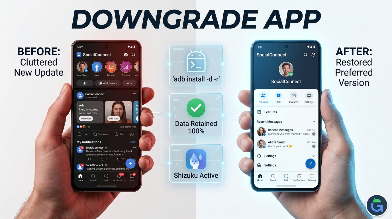 Hyperrealistic image showing before and after downgrading an Android app while retaining user data