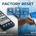 Hyperrealistic image showing a cluttered Android phone securely transforming into a blank factory-reset state ready for sale