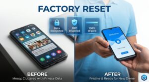Hyperrealistic image showing a cluttered Android phone securely transforming into a blank factory-reset state ready for sale