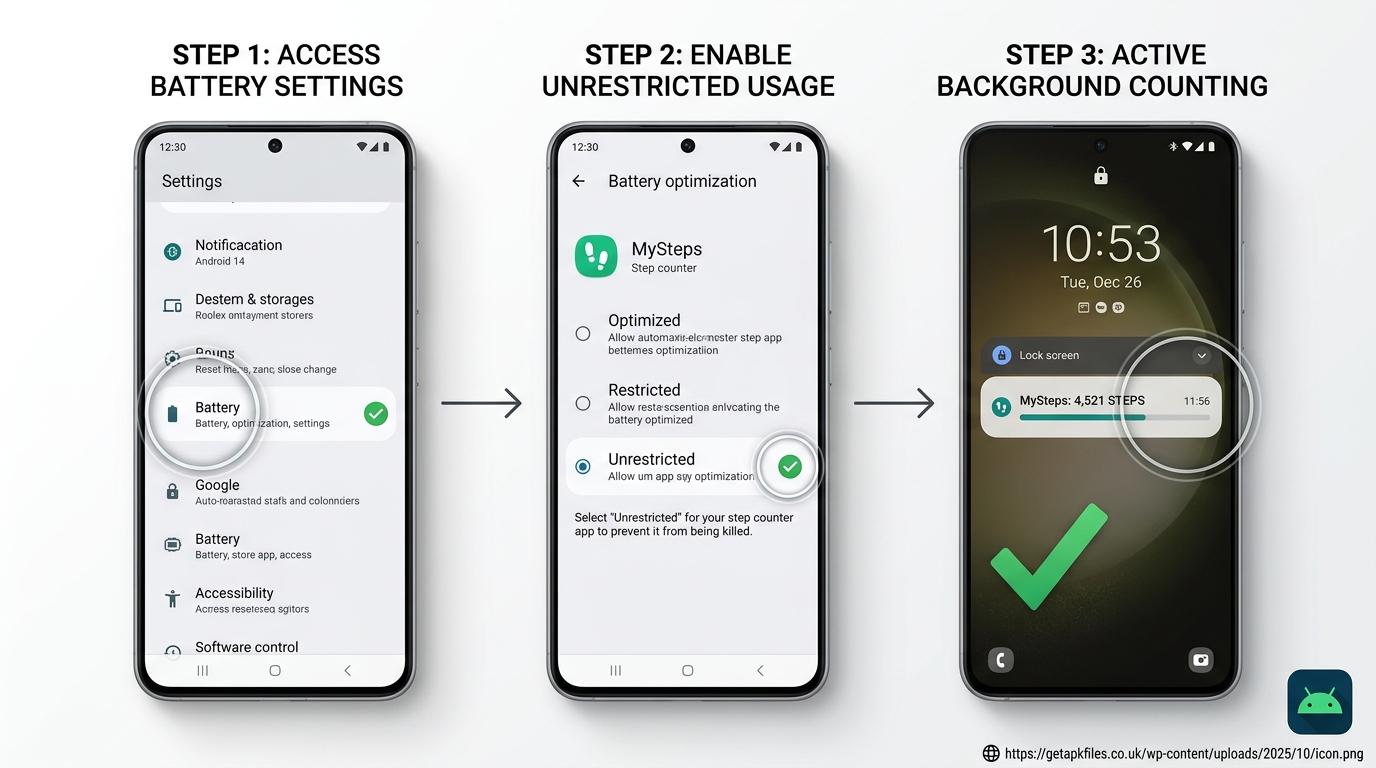 Photo-realistic guide showing how to allow an offline step counter APK to run continuously in the Android background
