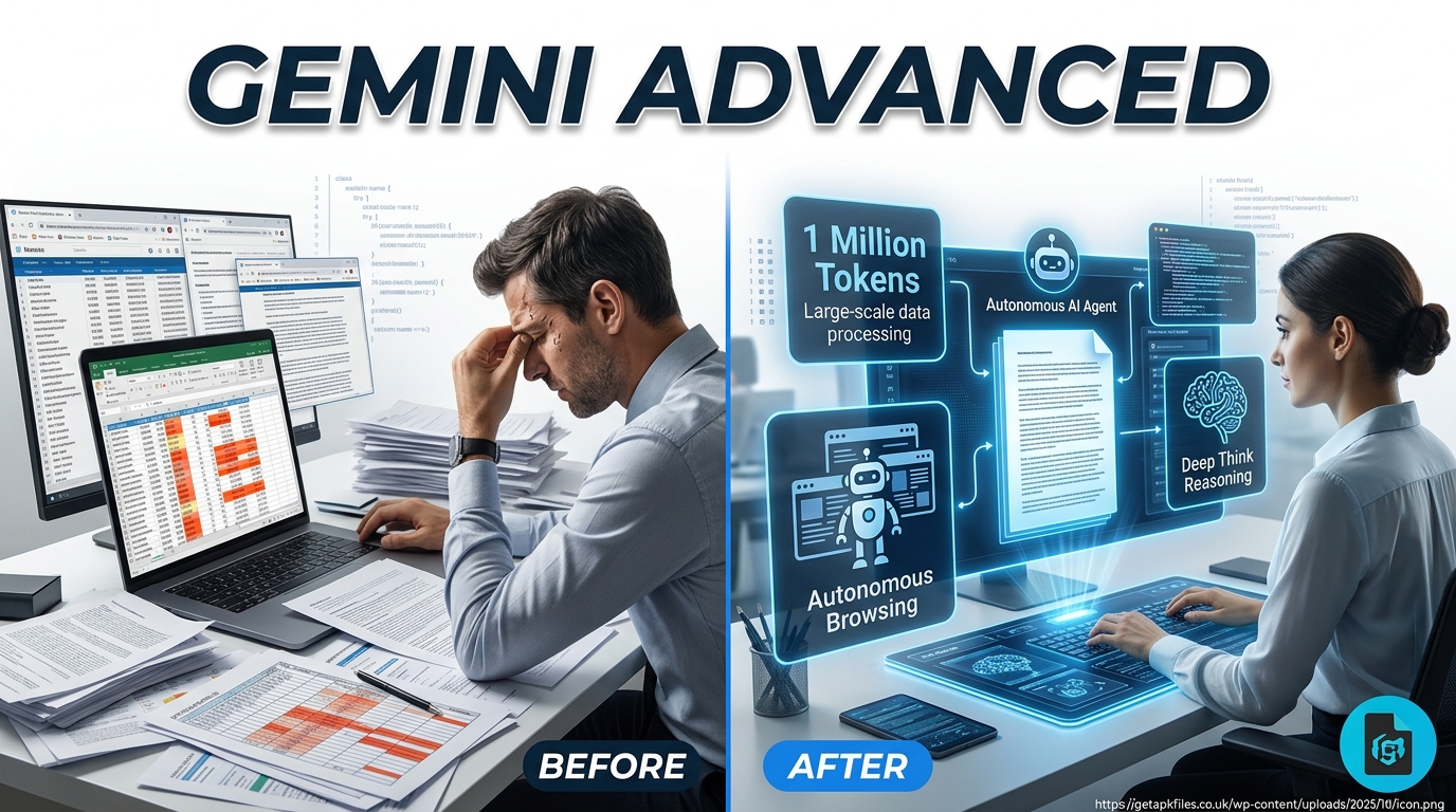 Hyperrealistic image showing the transition from manual data gathering to automated Deep Research with Gemini Advanced