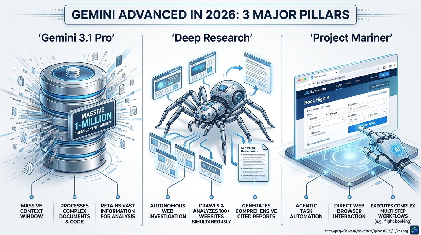 Infographic detailing the core features of Gemini Advanced including Deep Research, 1M context window, and Project Mariner agents