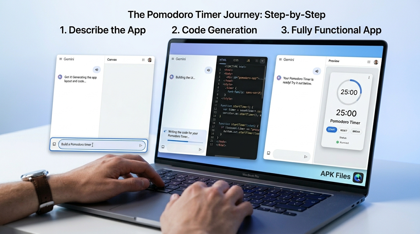 Photo-realistic guide showing the step-by-step process of using natural language to build a working Pomodoro timer app in Gemini Canvas
