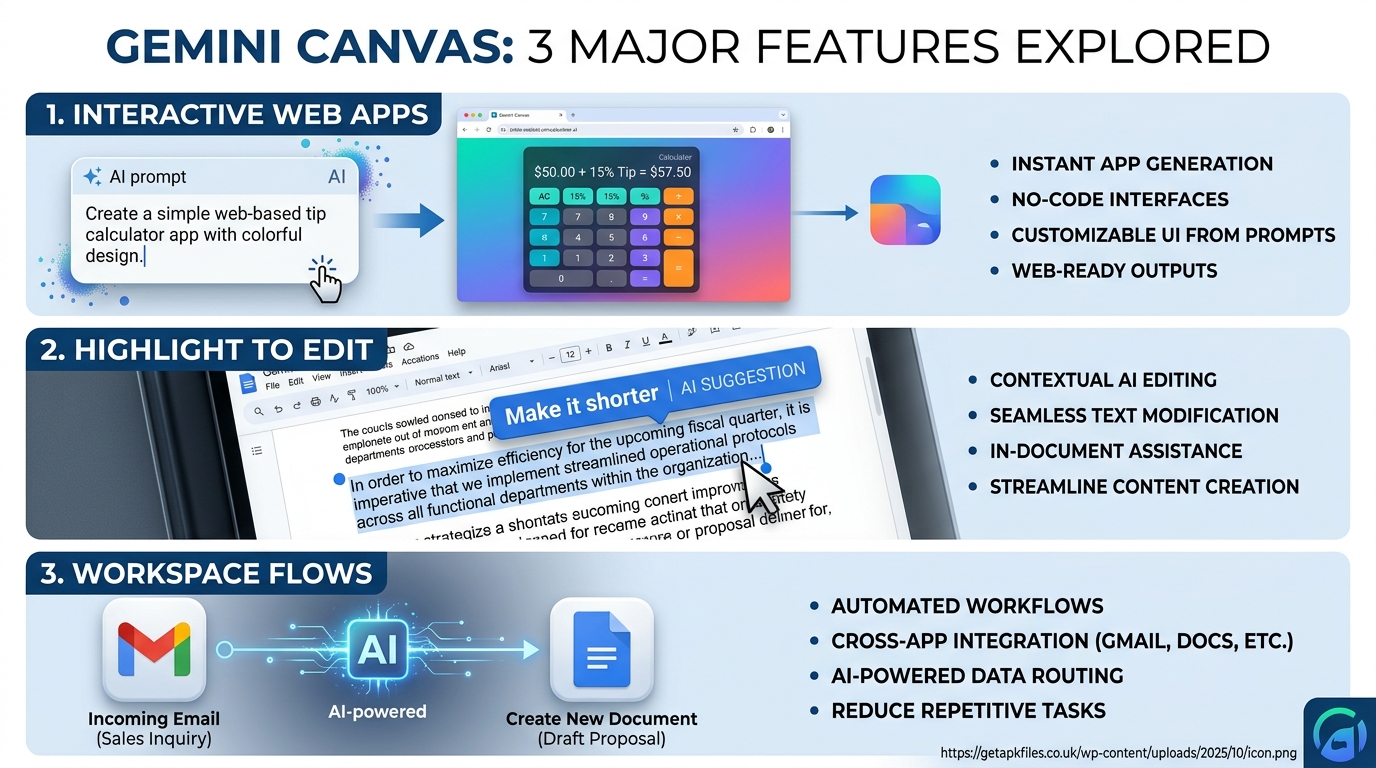 Infographic showing the 3 core features of Gemini Canvas including live app previews, localized document editing, and Workspace automations