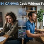 Hyperrealistic image showing the transition from confusing AI chat logs to the clean, split-screen visual workspace of Gemini Canvas