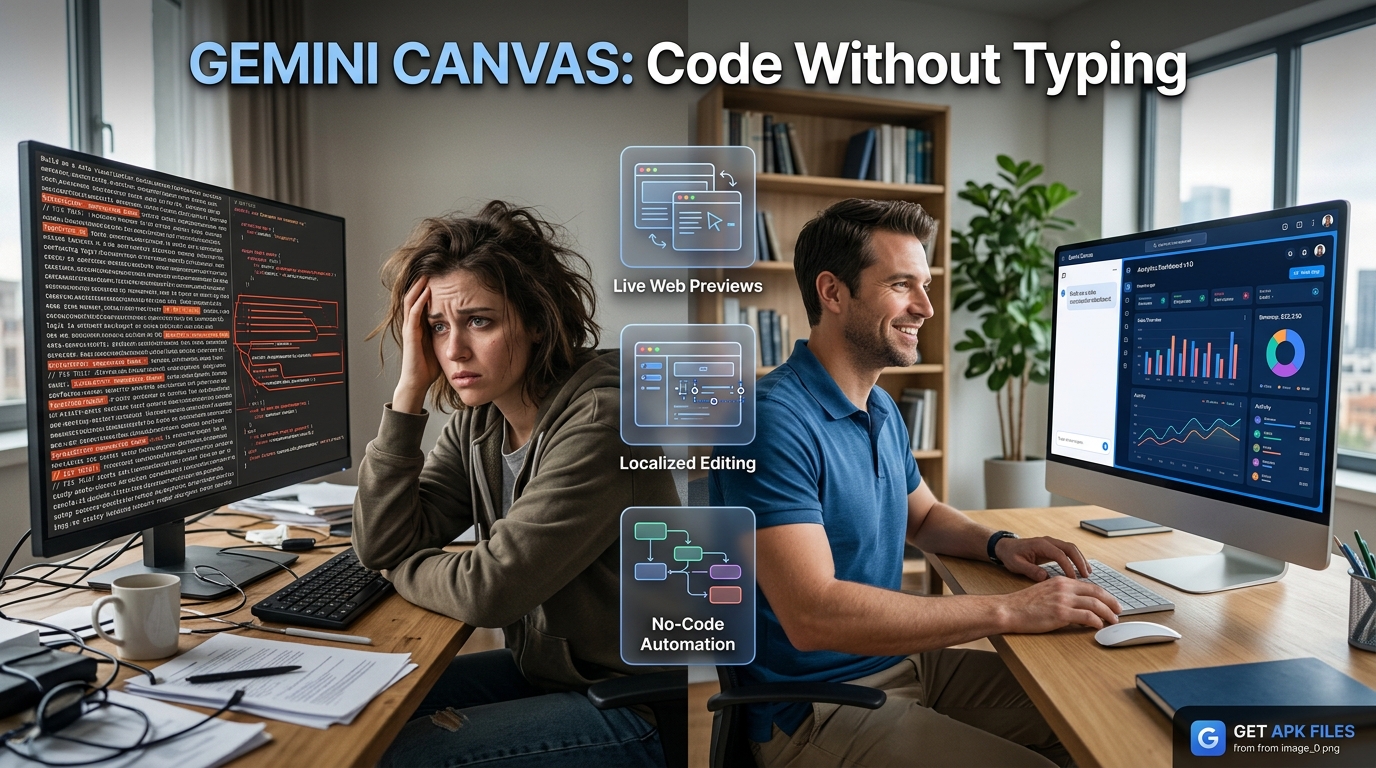 Hyperrealistic image showing the transition from confusing AI chat logs to the clean, split-screen visual workspace of Gemini Canvas