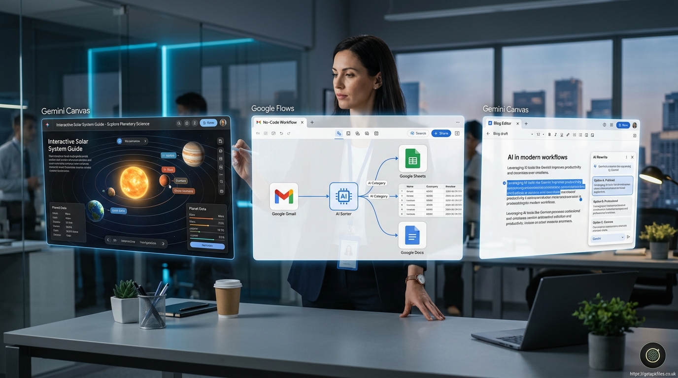 Photo-realistic image showing real-world applications of Gemini Canvas for interactive study guides, email automation, and document editing