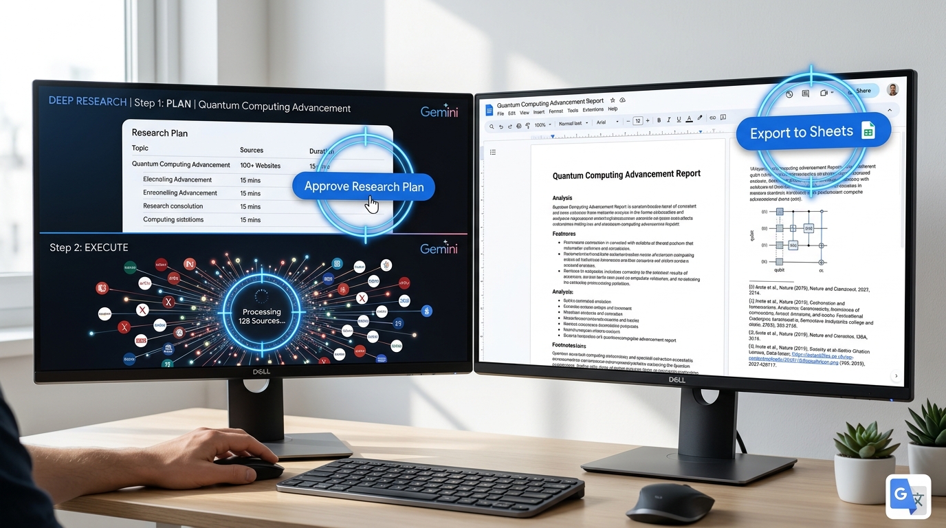 Photo-realistic guide showing the multi-step approval and execution process of Gemini Deep Research