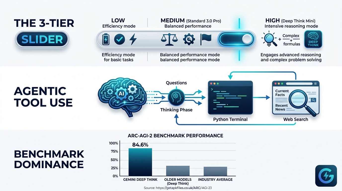Infographic showing the 3-tier thinking slider, agentic tool use, and benchmark scores of Gemini 3.1 Deep Think